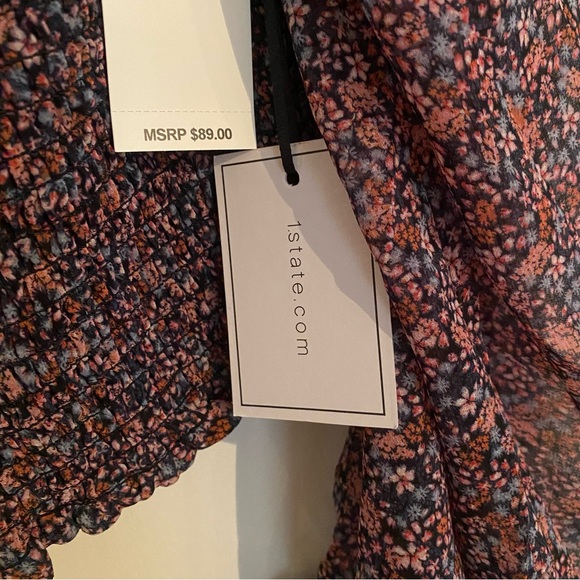 New NWT 1. State long sleeve semi sheer floral shirred blouse top black pink L - Picture 8 of 12
